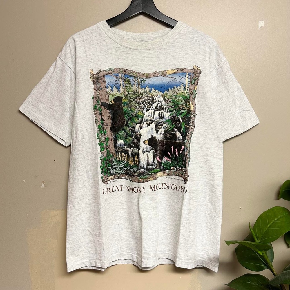 Vintage 90s Great Smoky Mountains Bear Nature Shirt Mens Large Grey Tee